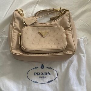 Prada Tan Shoulder Bag with Gold Accents Ostrich Leather